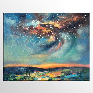 Landscape Painting, Custom Large Canvas Wall Art, Starry Night Sky Canvas Painting, Heavy Texture Wall Art-ArtWorkCrafts.com