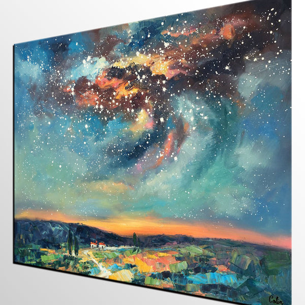 Landscape Painting, Custom Large Canvas Wall Art, Starry Night Sky Canvas Painting, Heavy Texture Wall Art-ArtWorkCrafts.com