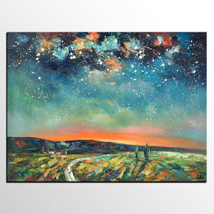 Abstract Landscape Oil Painting, Starry Night Sky Painting, Custom Large Canvas Painting, Heavy Texture Painting-ArtWorkCrafts.com