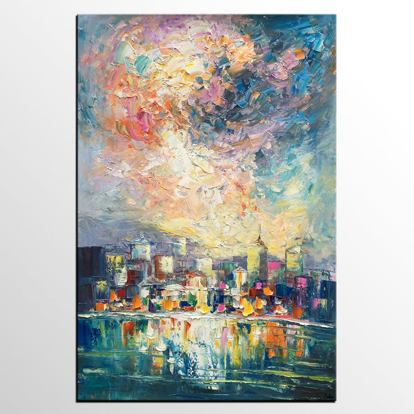 Abstract Landscape Painting, Heavy Texture Wall Art Paintings, Custom Original Paintings on Canvas, Cityscape Painting-ArtWorkCrafts.com