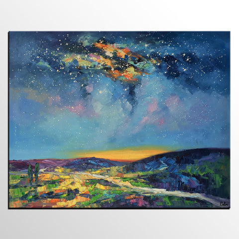 Bedroom Art, Abstract Painting, Starry Night Sky, Landscape Painting, Custom Large Art-ArtWorkCrafts.com