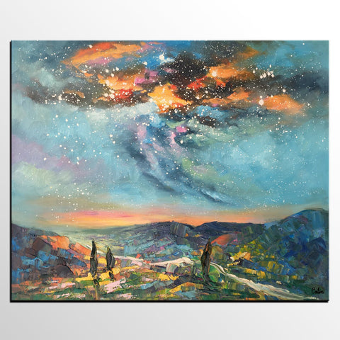 Oil Painting, Starry Night Sky Painting, Custom Abstract Canvas Artwork, Canvas Painting for Kitchen-ArtWorkCrafts.com