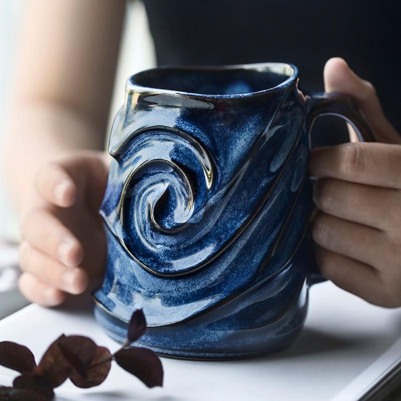 Blue Ceramic Coffee Mug, Stoneware Coffee Mugs, Large Capacity Coffee Cups, Birthday Gifts, Handmade Pottery Coffee Mug-ArtWorkCrafts.com