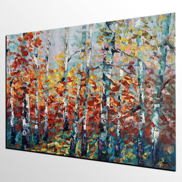 Landscape Painting, Autumn Forest Tree Painting, Canvas Wall Art, Custom Extra Large Art, Abstract Oil Painting, Original Painting-ArtWorkCrafts.com