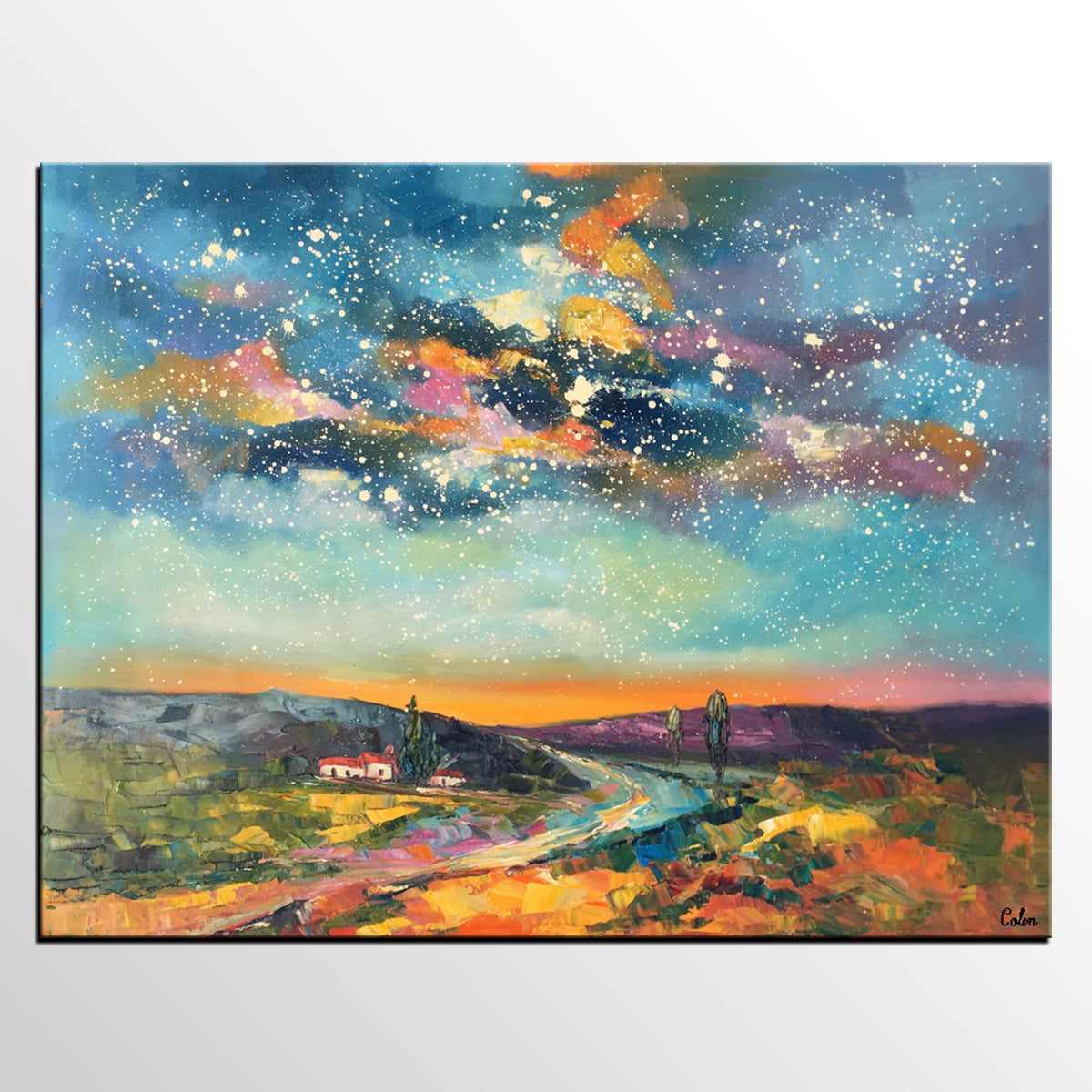 Custom Large Landscape Painting, Starry Night Sky Painting, Living Room Wall Art, Canvas Painting, Impasto Art, Oil Painting-ArtWorkCrafts.com