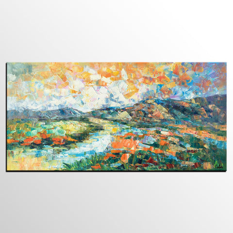 Custom Extra Large Art, Canvas Artwork, Original Artwork, Mountain and River Landscape Painting-ArtWorkCrafts.com