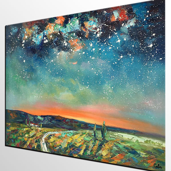 Abstract Landscape Oil Painting, Starry Night Sky Painting, Custom Large Canvas Painting, Heavy Texture Painting-ArtWorkCrafts.com