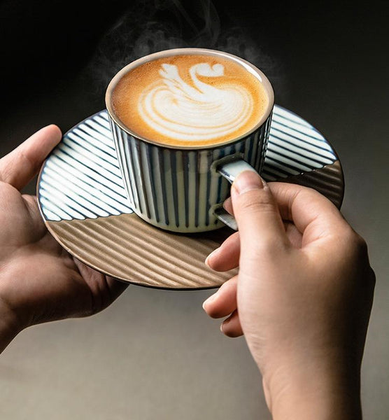 Coffee Cup and Saucer Set, Pottery Coffee Cups, Cappuccino Coffee Mug, Ceramic Coffee Cups, Coffee Cup for Sale, Tea Cup, White / Green / Blue / Yellow-ArtWorkCrafts.com