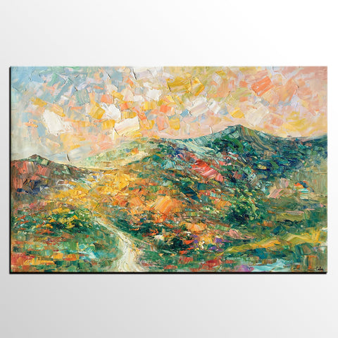 Large Oil Painting, Autumn Mountain Landscape Painting, Custom Abstract Painting, Heavy Texture Painting-ArtWorkCrafts.com