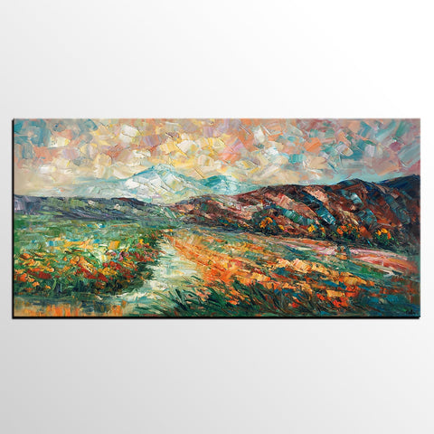 Custom Extra Large Art, Mountain and River Landscape Painting, Canvas Artwork, Original Artwork-ArtWorkCrafts.com