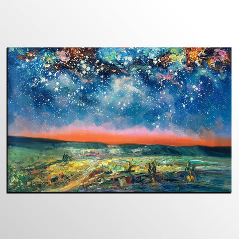 Landacape Canvas Painting, Starry Night Sky Painting, Original Landscape Painting, Heavy Texture Art Painting, Palette Knife Painting-ArtWorkCrafts.com