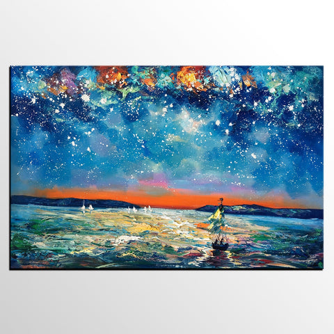 Large Canvas Art Painting, Sail Boat under Starry Night Painting, Custom Large Oil Painting-ArtWorkCrafts.com