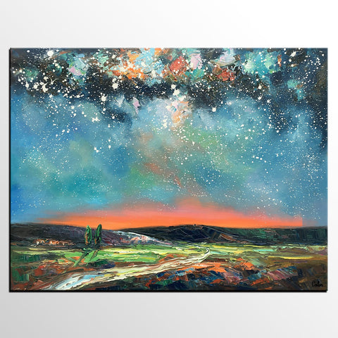 Landscape Canvas Painting, Starry Night Sky Painting, Hand Painted Canvas Art Painting, Landscape Painting for Bedroom, Custom Canvas Painting for Sale-ArtWorkCrafts.com