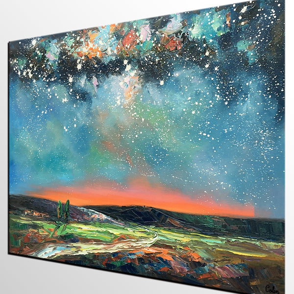 Landscape Canvas Painting, Starry Night Sky Painting, Hand Painted Canvas Art Painting, Landscape Painting for Bedroom, Custom Canvas Painting for Sale-ArtWorkCrafts.com