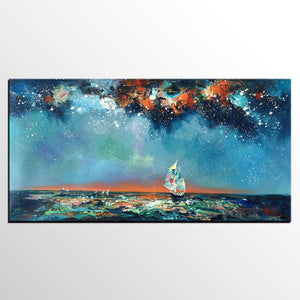 Custom Extra Large Wall Art, Office Painting, Sail Boat under Starry Night Painting, Seascape Painting, Original Artwork-ArtWorkCrafts.com