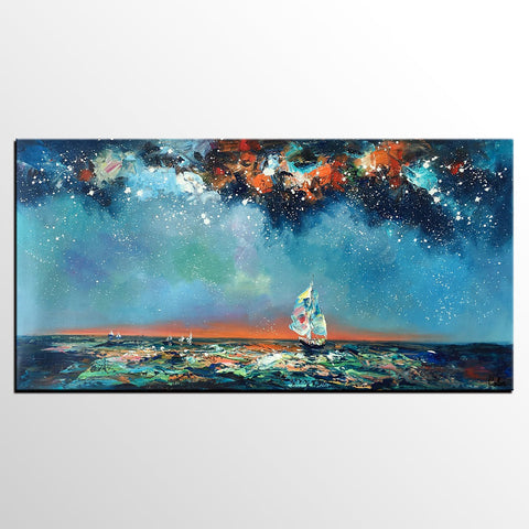 Custom Extra Large Wall Art, Office Painting, Sail Boat under Starry Night Painting, Seascape Painting, Original Artwork-ArtWorkCrafts.com