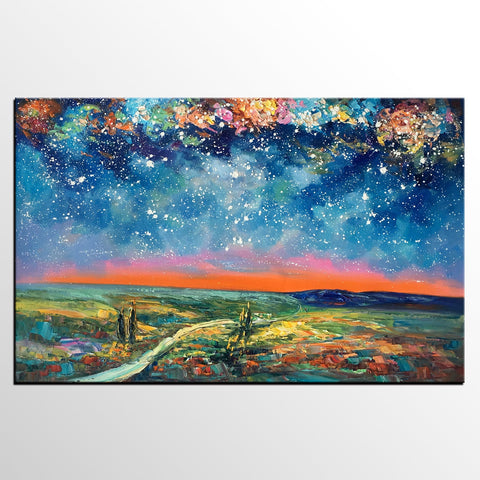 Large Canvas Art Painting, Starry Night Landscape Painting, Custom Large Oil Painting-ArtWorkCrafts.com