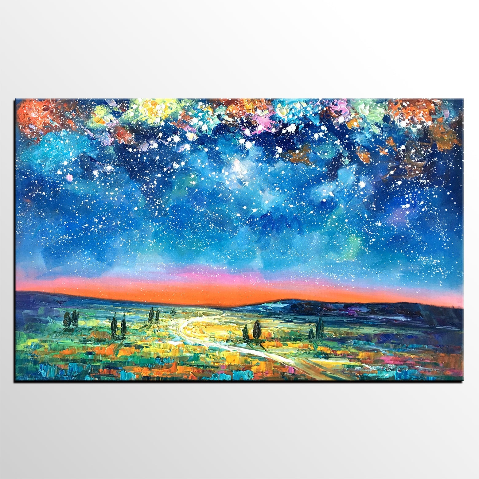 Landscape Oil Paintings, Starry Night Sky Painting, Custom Artwork, Heavy Texture Oil Painting, Landscape Painting for Living Room-ArtWorkCrafts.com