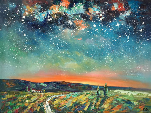 Abstract Landscape Oil Painting, Starry Night Sky Painting, Custom Large Canvas Painting, Heavy Texture Painting-ArtWorkCrafts.com