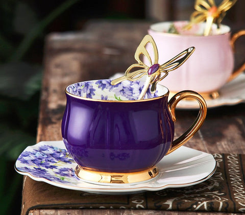 Elegant Purple Ceramic Cups, Unique Coffee Cup and Saucer in Gift Box as Birthday Gift, Beautiful British Tea Cups, Creative Bone China Porcelain Tea Cup Set-ArtWorkCrafts.com