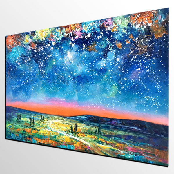 Landscape Oil Paintings, Starry Night Sky Painting, Custom Artwork, Heavy Texture Oil Painting, Landscape Painting for Living Room-ArtWorkCrafts.com