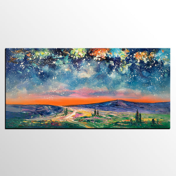 Landscape Oil Painting, Starry Night Sky Painting, Bedroom Wall Art Paintings, Custom Original Painting on Canvas-ArtWorkCrafts.com