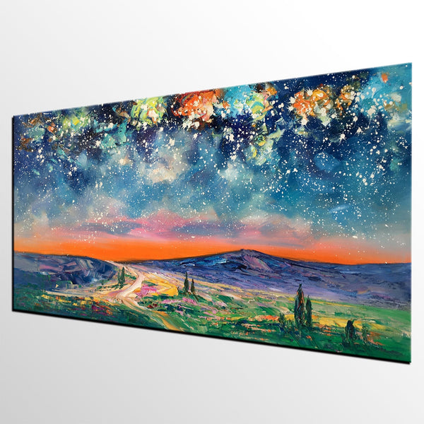 Landscape Oil Painting, Starry Night Sky Painting, Bedroom Wall Art Paintings, Custom Original Painting on Canvas-ArtWorkCrafts.com