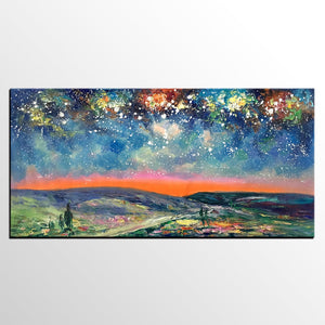 Starry Night Sky Painting, Custom Extra Large Painting, Original Landscape Painting, Canvas Painting for Dining Room-ArtWorkCrafts.com