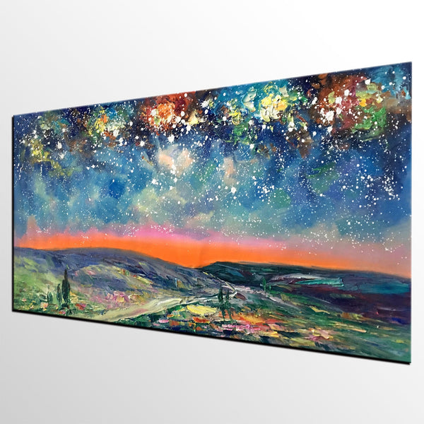 Starry Night Sky Painting, Custom Extra Large Painting, Original Landscape Painting, Canvas Painting for Dining Room-ArtWorkCrafts.com