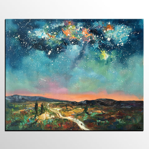 Heavy Texture Landscape Painting, Abstract Landscape Painting, Starry Night Sky, Custom Large Painting-ArtWorkCrafts.com