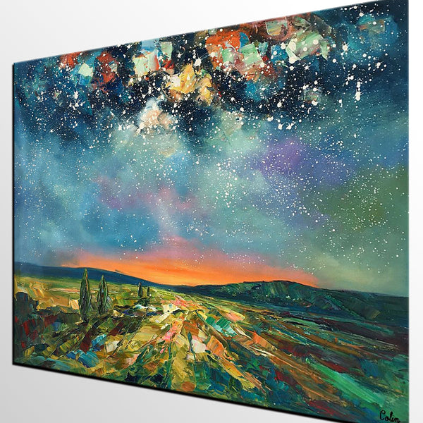 Heavy Texture Landscape Painting, Starry Night Sky, Custom Large Painting,Abstract Landscape Painting-ArtWorkCrafts.com