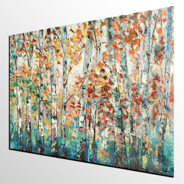 Landscape Oil Paintings, Autumn Tree Paintings, Custom Canvas Painting for Living Room, Landscape Painting on Canvas, Palette Knife Paintings-ArtWorkCrafts.com