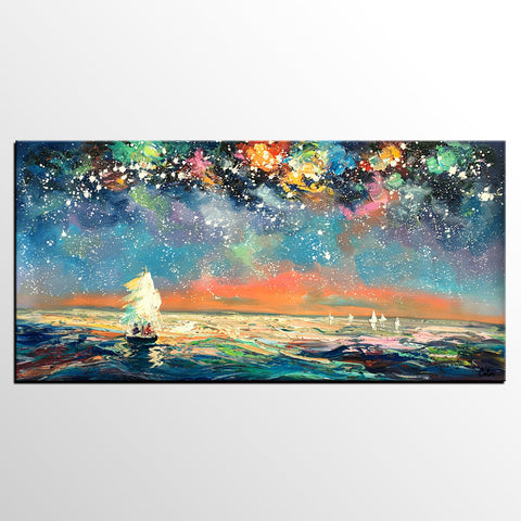 Palette Knife Painting, Impasto Painting, Starry Night Sky Painting, Landscape Canvas Painting for Dining Room, Custom Large Original Painting-ArtWorkCrafts.com