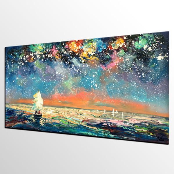 Palette Knife Painting, Impasto Painting, Starry Night Sky Painting, Landscape Canvas Painting for Dining Room, Custom Large Original Painting-ArtWorkCrafts.com