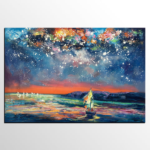 Custom Large Oil Painting, Large Canvas Art Painting, Sail Boat under Starry Night Painting-ArtWorkCrafts.com