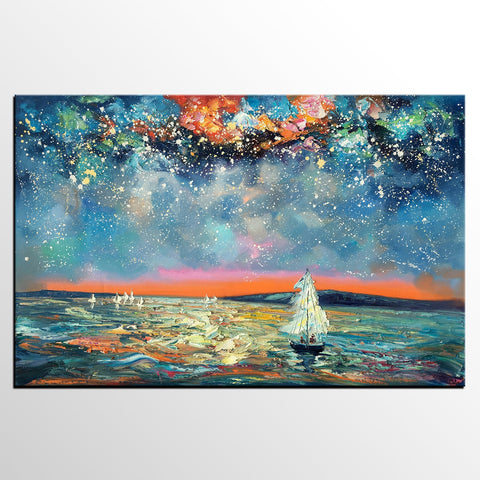 Large Canvas Art Painting, Custom Large Oil Painting, Sail Boat under Starry Night Painting-ArtWorkCrafts.com