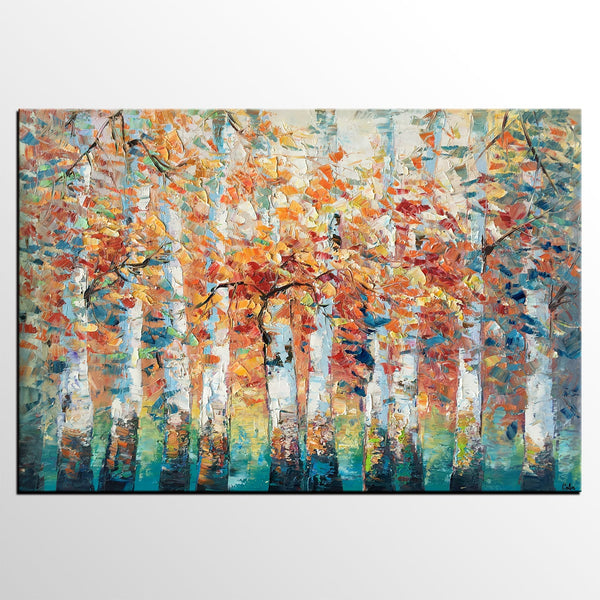 Birch Tree Landscape Painting, Custom Canvas Painting for Living Room, Heavy Texture Canvas Painting-ArtWorkCrafts.com