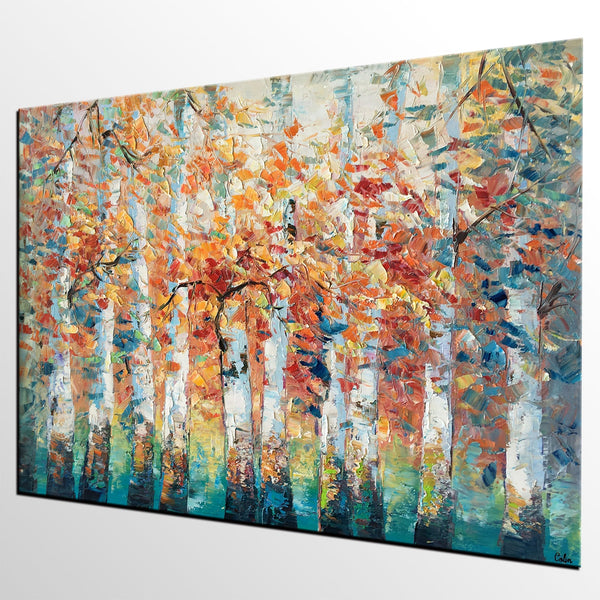 Birch Tree Landscape Painting, Custom Canvas Painting for Living Room, Heavy Texture Canvas Painting-ArtWorkCrafts.com