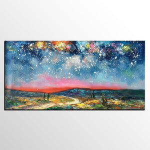 Custom Extra Large Painting, Starry Night Sky Painting, Original Landscape Painting, Canvas Painting for Dining Room-ArtWorkCrafts.com