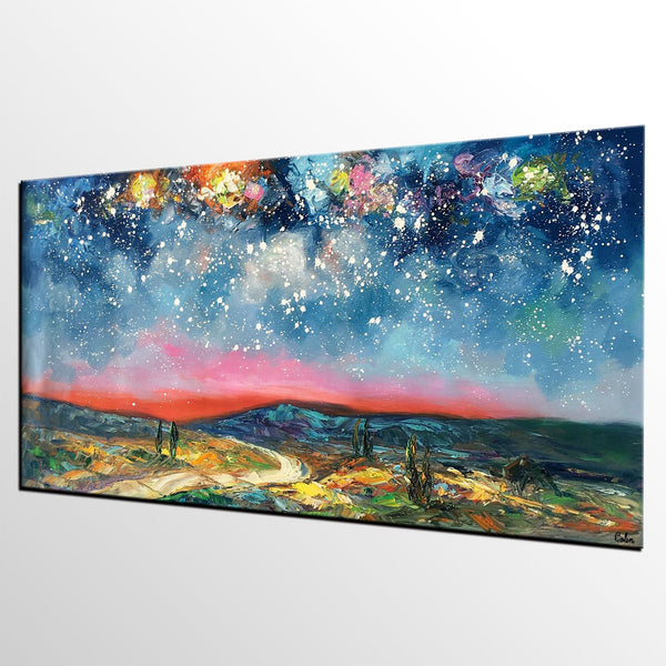 Custom Extra Large Painting, Starry Night Sky Painting, Original Landscape Painting, Canvas Painting for Dining Room-ArtWorkCrafts.com