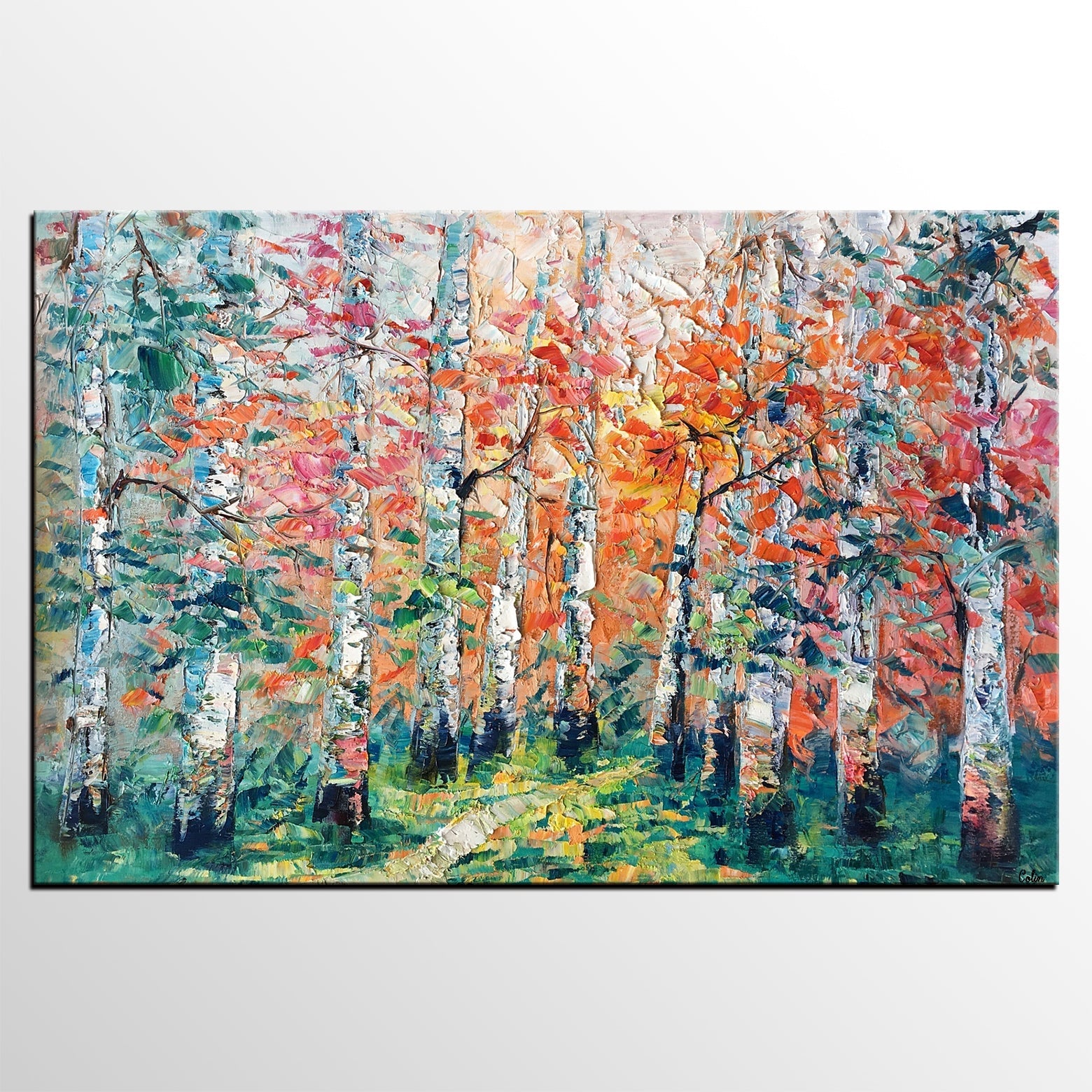 Abstract Landscape Painting, Custom Canvas Painting for Living Room, Heavy Texture Canvas Painting, Autumn Birch Tree-ArtWorkCrafts.com