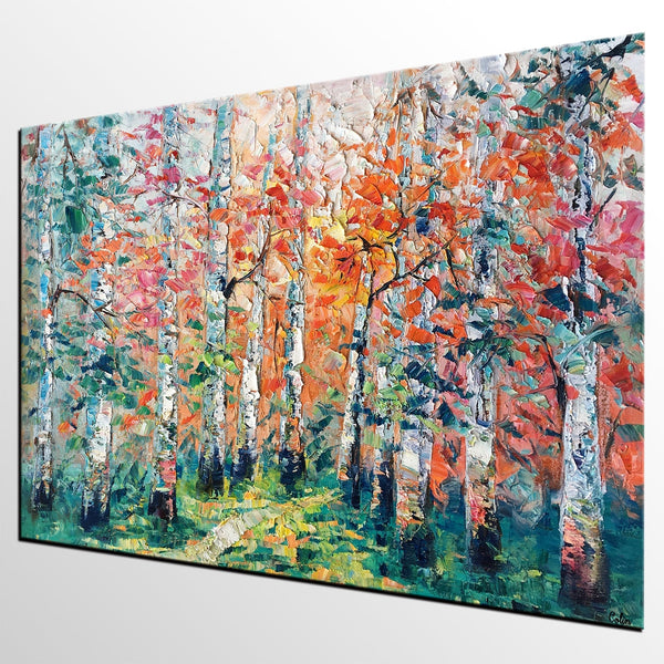 Abstract Landscape Painting, Custom Canvas Painting for Living Room, Heavy Texture Canvas Painting, Autumn Birch Tree-ArtWorkCrafts.com