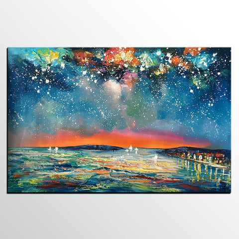 Buy Art Online, Abstract Art for Sale, Sail Boat under Starry Night Sky Painting, Custom Art-ArtWorkCrafts.com