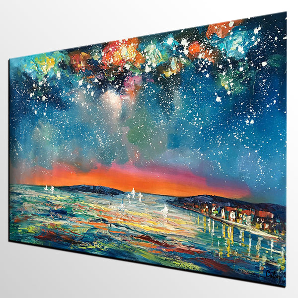 Buy Art Online, Abstract Art for Sale, Sail Boat under Starry Night Sky Painting, Custom Art-ArtWorkCrafts.com