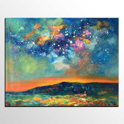 Heavy Texture Abstract Painting, Starry Night Sky, Landscape Painting, Custom Large Art-ArtWorkCrafts.com