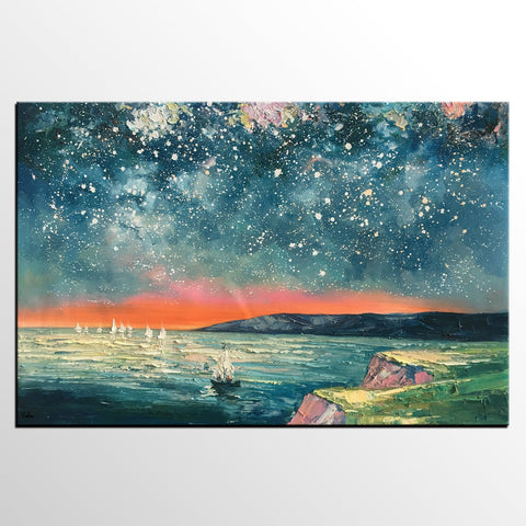 Heavy Texture Painting, Landscape Oil Painting, Starry Night Sky Painting, Custom Large Canvas Painting-ArtWorkCrafts.com