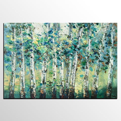 Heavy Texture Canvas Painting, Abstract Landscape Painting, Custom Canvas Painting, Autumn Birch Tree-ArtWorkCrafts.com