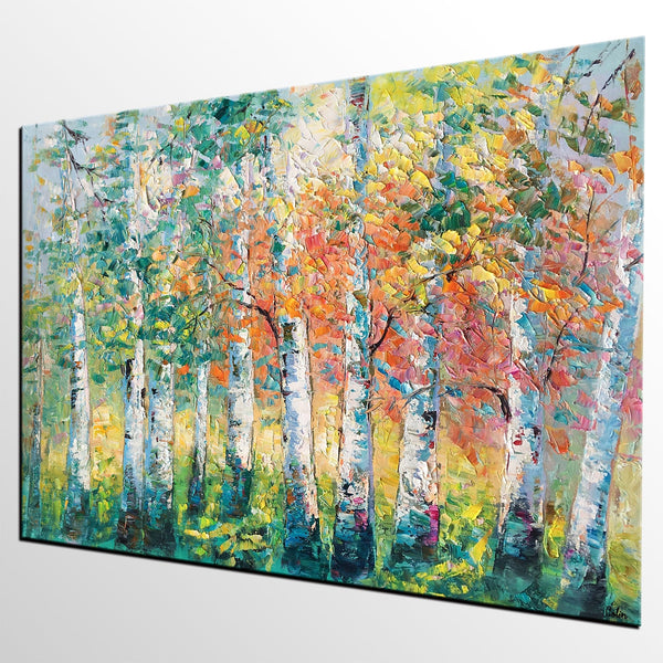 Landscape Oil Paintings, Birch Tree Painting, Large Wall Art Painting, Custom Oil Painting on Canvas, Wall Art Paintings for Sale-ArtWorkCrafts.com