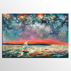 Landscape Canvas Painting, Sail Boat under Starry Night Sky, Canvas Painting for Sale, Custom Landscape Wall Art Paintings, Original Landscape Painting-ArtWorkCrafts.com