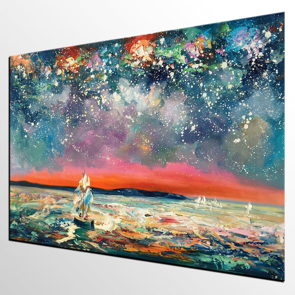 Landscape Canvas Painting, Sail Boat under Starry Night Sky, Canvas Painting for Sale, Custom Landscape Wall Art Paintings, Original Landscape Painting-ArtWorkCrafts.com